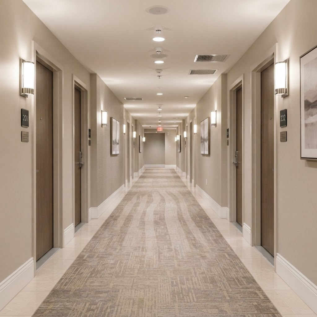 Clean, freshly maintained apartment building corridor with vacuumed carpet