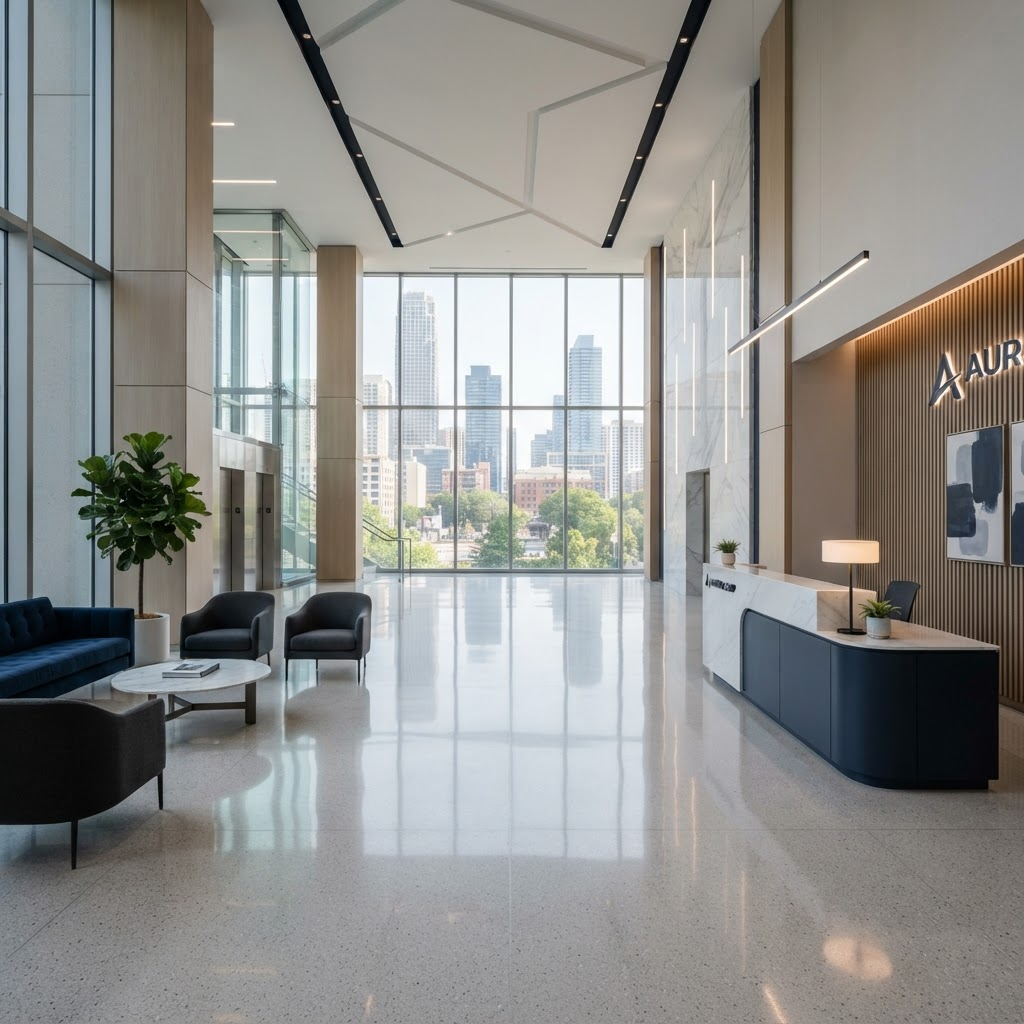 Spotless modern commercial office lobby with polished floors and floor-to-ceiling windows