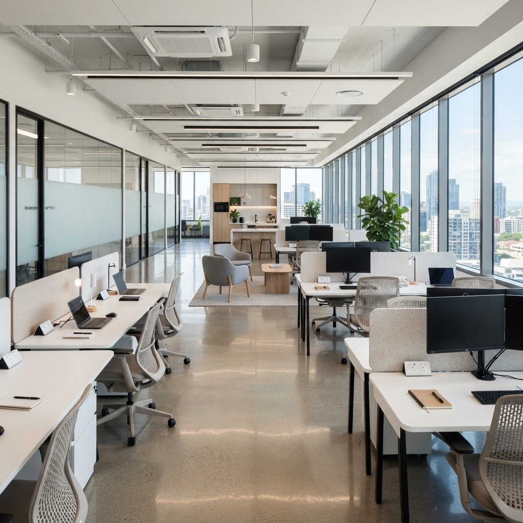 Immaculate modern open-plan office with gleaming floors and neatly arranged desks